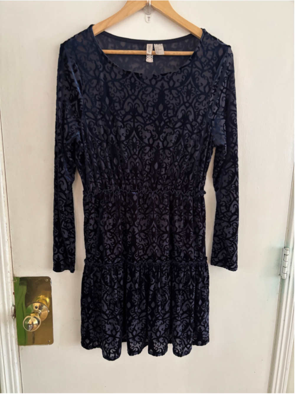 Divided Whimsigoth Rave navy velvet burnout l/s ruffle tier minidrss SZ 14